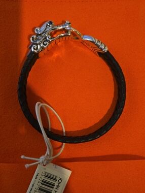 John Hardy Black Braided Leather Bracelet with Silver Dragon Clasp